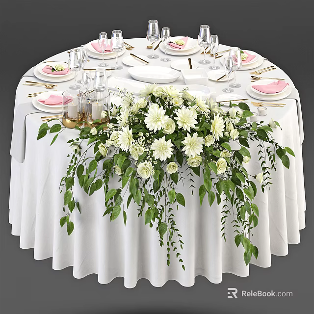 Elegant Round Dining Table With White Tablecloth Stylish Tableware And White Flower Centerpiece Green Foliage 3d model 