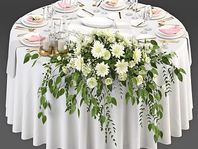 Elegant Round Dining Table With White Tablecloth Stylish Tableware And White Flower Centerpiece Green Foliage 3d model
