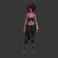 Female Character With Curly Hair Sports Bra Wrist Guards Plaid Sash And Cargo Boots Outfit