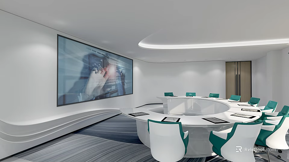 Modern Conference Room Featuring Large Screen Display Round Table White Teal Chairs And Striped Carpet 3d model 
