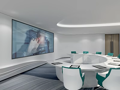 Modern Conference Room Featuring Large Screen Display Round Table White Teal Chairs And Striped Carpet 3d model