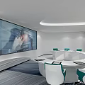 Modern Conference Room Featuring Large Screen Display Round Table White Teal Chairs And Striped Carpet