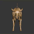 Golden Horned Animal Skeleton With Detailed Bone Structure And Metallic Finish On Gray Background