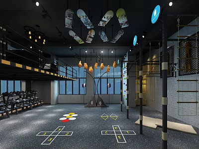 Modern Fitness Gym Interior With Functional Training Area Climbing Wall And Floor Markings 3d model