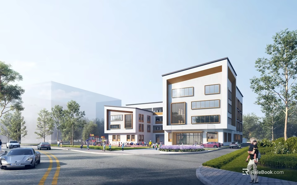 Modern School Building With White Gray Exterior Large Glass Windows Green Lawns And Trees 3d model 