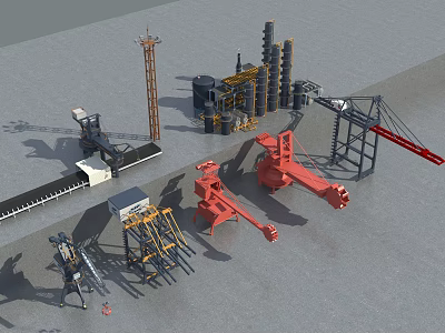 Diverse Industrial Equipment Featuring Cranes Conveyor Systems And Tower Structures On Industrial Site 3d model