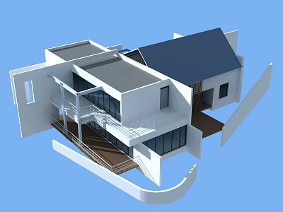 Modern Detached House With White Exterior Large Glass Windows And Dark Roof 3d model