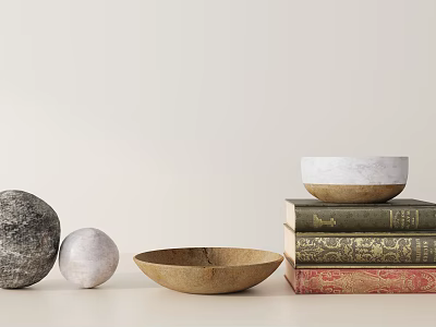 Decorative Ornament Set Featuring Dark Light Spheres Wooden Bowl And Stacked Books With White Bowl 3d model