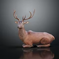 Brown Deer With Large Antlers Lying On Dark Background With Reflection 3d model