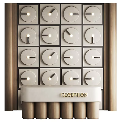 Modern Hotel Reception Design With Marble Counter And Wooden Frame Lighting 3d model