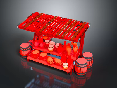 Traditional Red Food Stall With Clay Pots And Wooden Barrels Display Setup 3d model