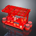 Traditional Red Food Stall With Clay Pots And Wooden Barrels Display Setup