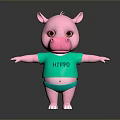Pink Hippo Doll In Green Shirt With HIPPO Text Green Shorts Standing On Dark Background