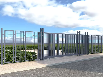 Modern Gray Metal Entrance Gate With Green Bushes Blue Sky And White Clouds 3d model