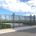 Modern Gray Metal Entrance Gate With Green Bushes Blue Sky And White Clouds