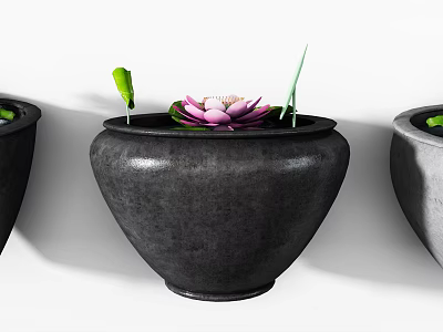 Ceramic Pot Fish Tank With Pink Lotus Green Leaves And Calm Water Surface 3d model