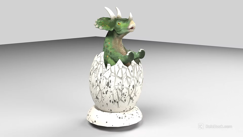 Hatching Reptile Dinosaur With Green Body Emerging From Spotted White Eggshell 3d model