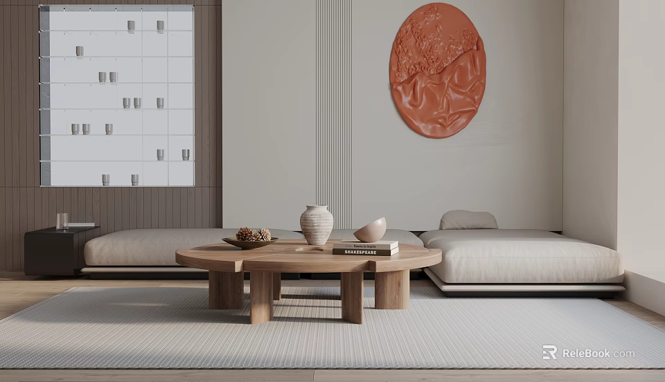 Minimalist Modern Sofa And Coffee Table Set Beige Upholstery Wooden Design With Decorative Vase 3d model 