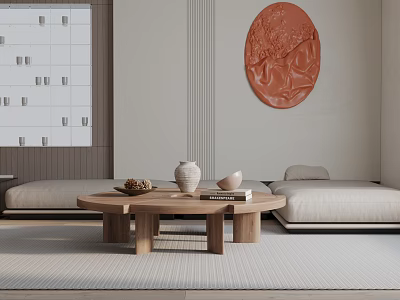 Minimalist Modern Sofa And Coffee Table Set Beige Upholstery Wooden Design With Decorative Vase 3d model