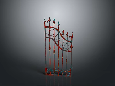 Decorative Iron Gate With Spiked Tops And Intricate Red Blue Patterns 3d model