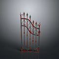 Decorative Iron Gate With Spiked Tops And Intricate Red Blue Patterns