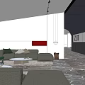 Modern Leisure Area Interior Design With Gray Sofa Green Chair And Red Decorative Painting