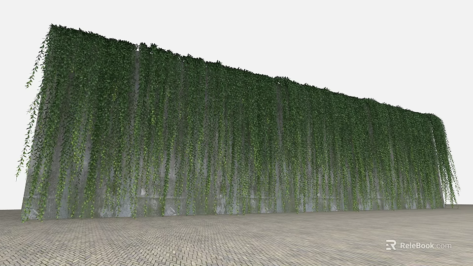 Lush Green Plant Wall With Dense Hanging Foliage On Gray Background And Brick Floor 3d model 