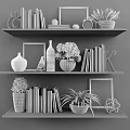 Books And Magazines On White Shelves With Green Plants Picture Frames And Decorative Items