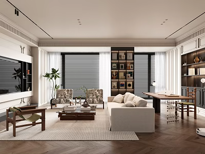 Modern Living Room Interior With Neutral Sofa Coffee Table Wooden Bookshelf And Green Plants 3d model