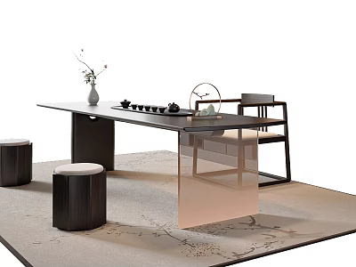Modern Tea Table and Chairs with Round Stools Tea Set Vase on Patterned Rug 3d model