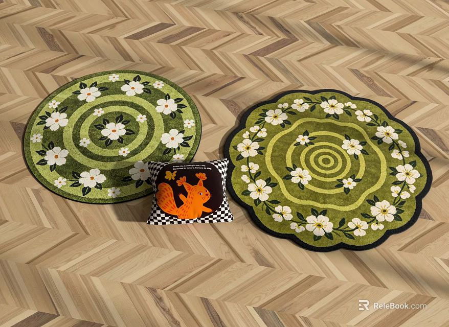 Green Round Rugs With White Floral Spiral Pattern On Wooden Herringbone Floor And Pumpkin Decor 3d model 