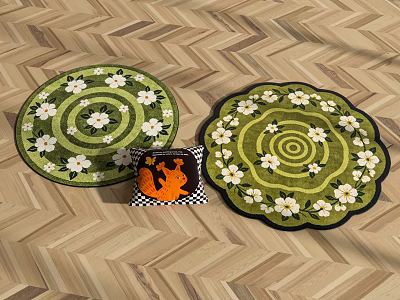 Green Round Rugs With White Floral Spiral Pattern On Wooden Herringbone Floor And Pumpkin Decor 3d model