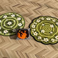 Green Round Rugs With White Floral Spiral Pattern On Wooden Herringbone Floor And Pumpkin Decor