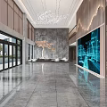 Modern Lobby Reception Desk With Marble Top Chandelier Large Windows And Elegant Design