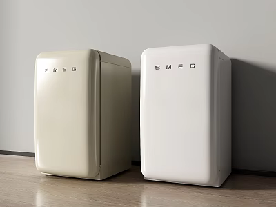 SMEG Cream And White Fridge Freezers Against Wall On Wooden Floor 3d model
