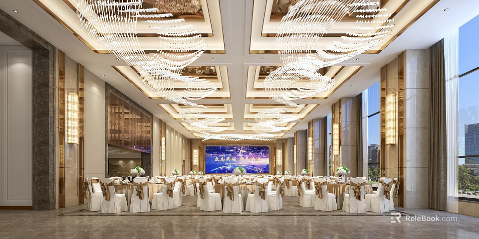 Elegant Modern Banquet Hall With Crystal Chandeliers Marble Floor Stage And Dining Tables 3d model 