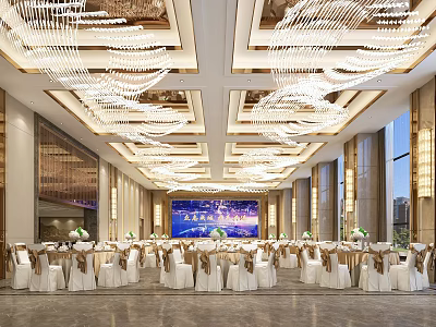 Elegant Modern Banquet Hall With Crystal Chandeliers Marble Floor Stage And Dining Tables 3d model