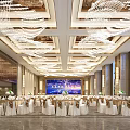 Elegant Modern Banquet Hall With Crystal Chandeliers Marble Floor Stage And Dining Tables