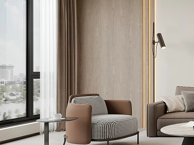 Modern Accent Chair In Living Room With Checkered Cushion Side Table Sofa And Window Curtains 3d model
