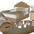 Soft Beige Children's Bed With Tufted Headboard Fluffy Blanket And Decorative Toys