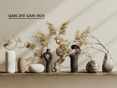 Natural Dried Flowers In Various Shaped Vases On Minimalist Shelf With Soft Light 3d model