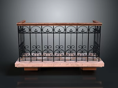 Decorative Architectural Balustrade With Black Wrought Iron Ornate Scrolls And Pink Marble Top Base 3d model