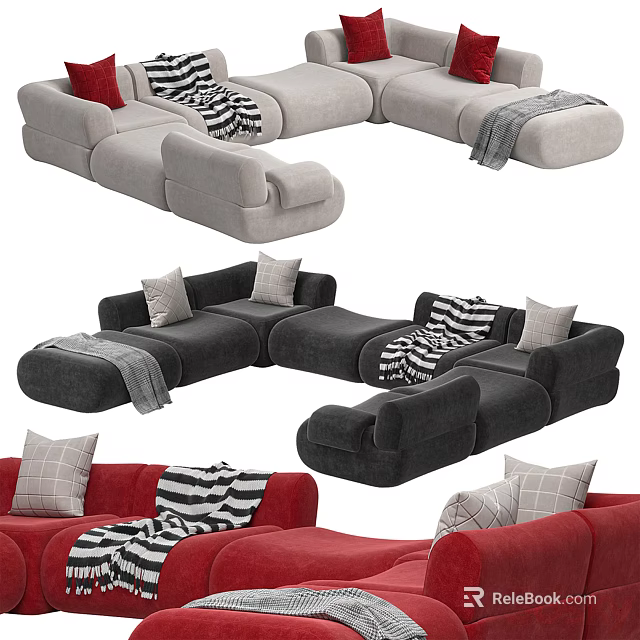 Modern Multi Colored Sofa and Coffee Table Set With Pillows And Blankets In Living Room 3d model 