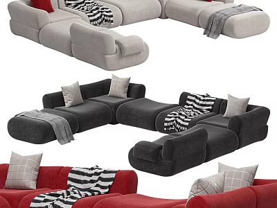 Modern Multi Colored Sofa and Coffee Table Set With Pillows And Blankets In Living Room 3d model