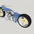 Vintage Blue Custom Motorcycle With Yellow Spoked Wheels And Shiny Chrome Engine