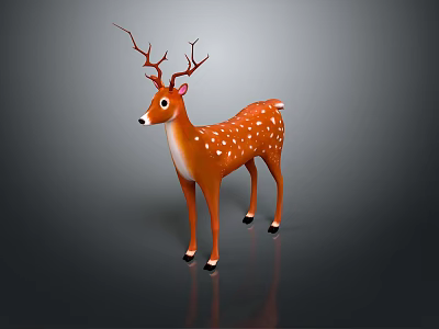 Cartoon Orange Deer with White Spots and Large Antlers on Gray Background with Ground Reflection 3d model