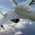 Two fighter jets flying in blue sky with white clouds and coastal ocean view below