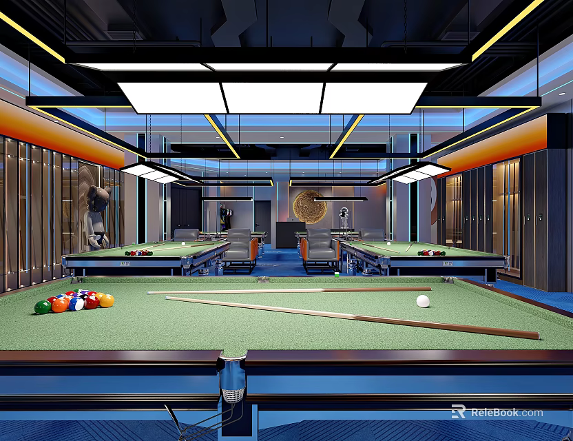Modern Billiard Room Interior With Multiple Pool Tables Cues And Lighting 3d model 