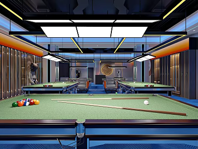 Modern Billiard Room Interior With Multiple Pool Tables Cues And Lighting 3d model