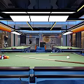 Modern Billiard Room Interior With Multiple Pool Tables Cues And Lighting